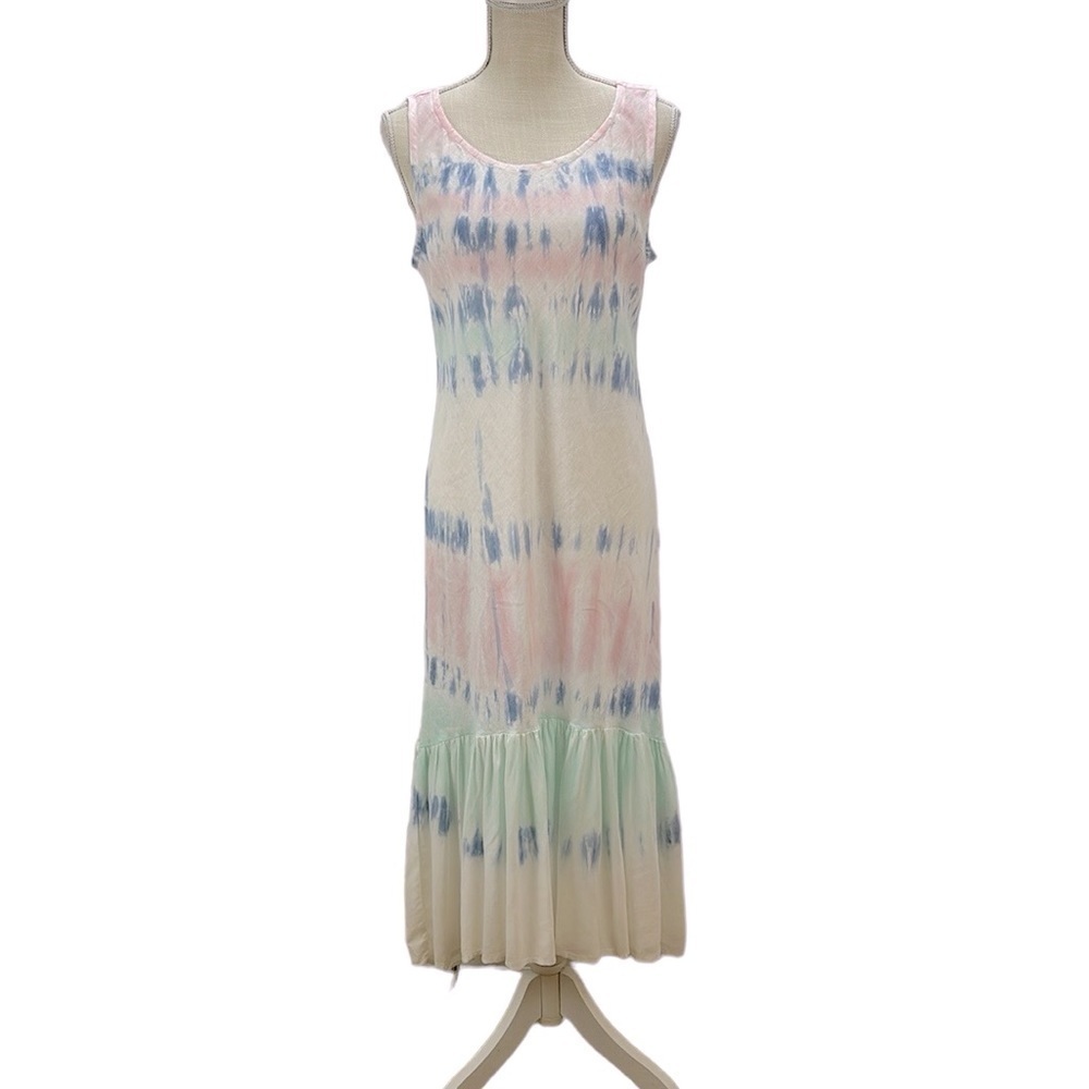 Charlie B Linen Ruffle Hi Low Hem Dress‎ M Tie Dyed Pastel Pink Blue Slee…
